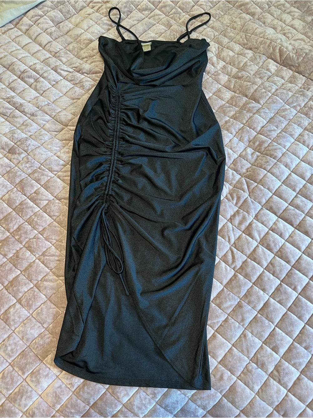 Black Ruched Slip Dress with Spaghetti Straps